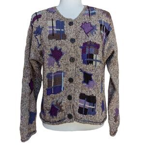 Vintage Sigrid Olsen Beige Tan Purple Hand Knit Cardigan Sweater Button Size L